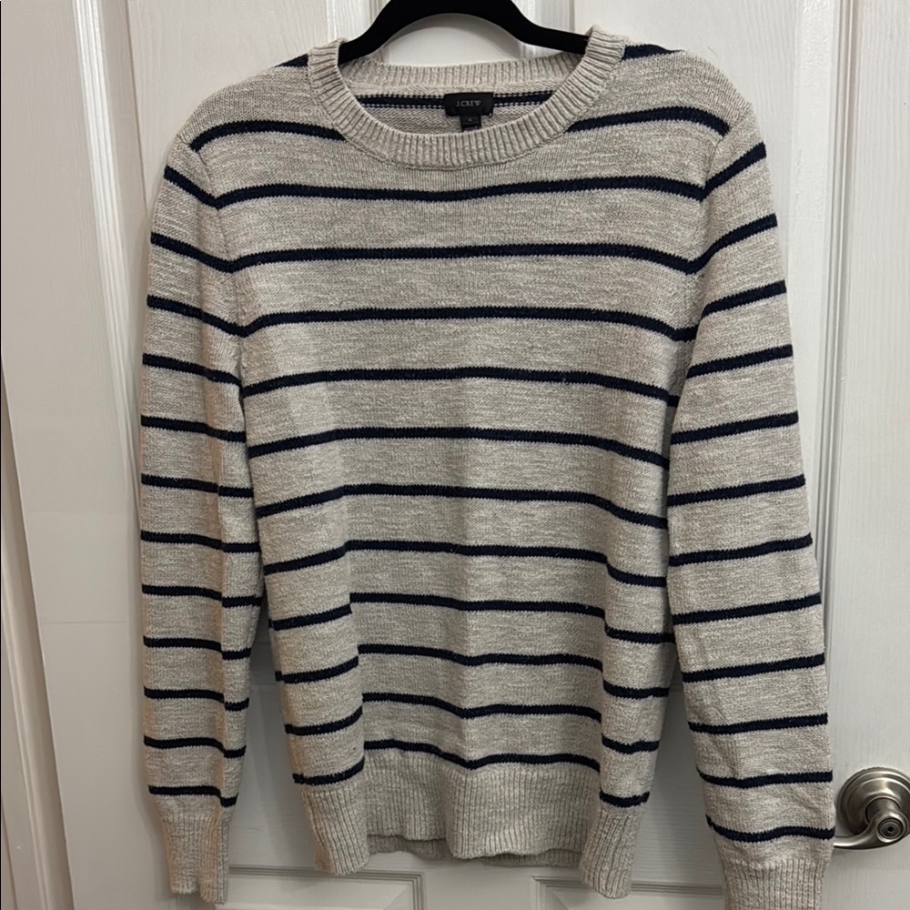 J. Crew Grey Crewneck Cotton Knit Sweater with Dark Navy Stripes